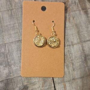 NEW Druzy Sparkly Drop Crystal Round Pendant Dangly Earrings Gold Gem & Gold